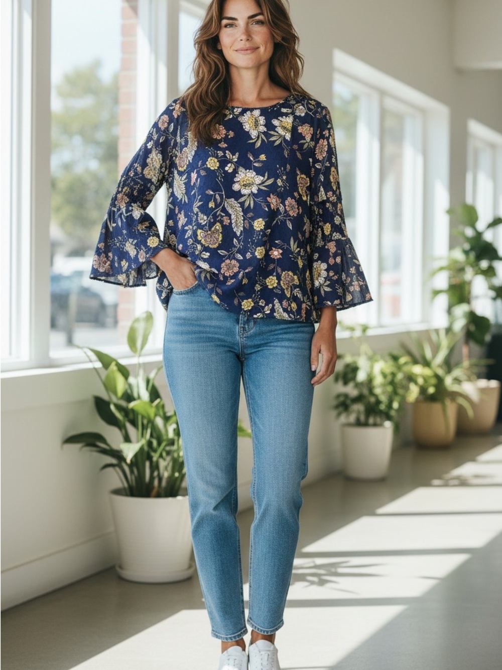 John Paul Richard Women's Top Size 3X Bell Sleeve Blue Floral Round Neck
